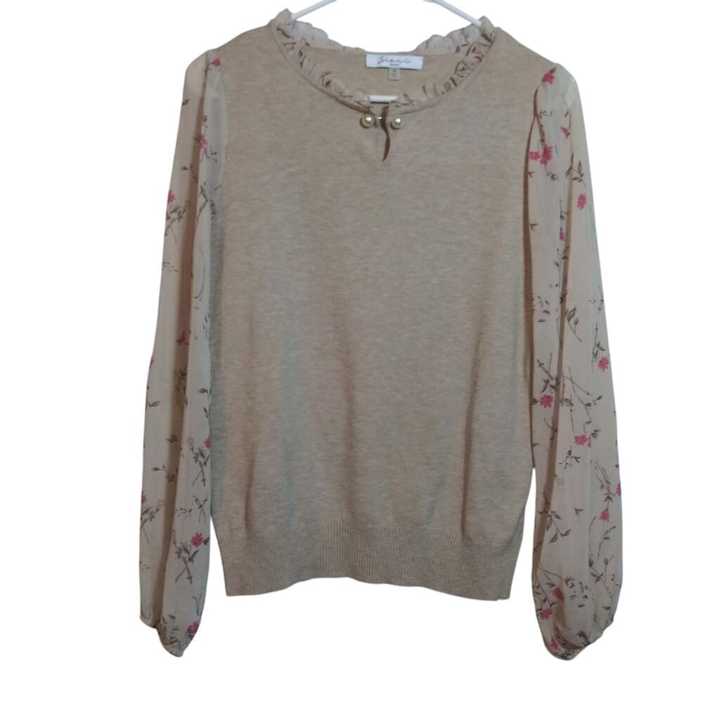 Siani Milano Sweater WomensBeige Floral Sheer Sleeves Ruffle Pearl Collar Size M